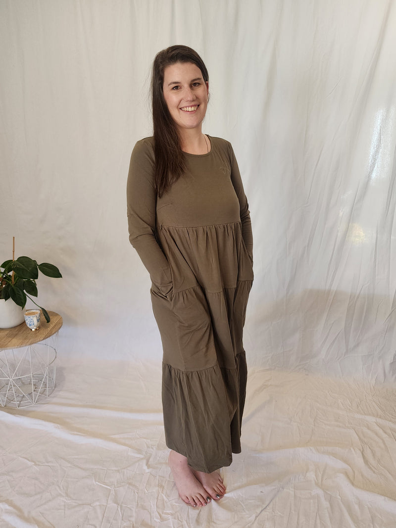 Long Sleeved Cotton Layered Dress - Olive