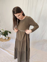 Long Sleeved Cotton Layered Dress - Olive