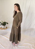 Long Sleeved Cotton Layered Dress - Olive