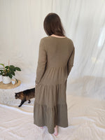 Long Sleeved Cotton Layered Dress - Olive